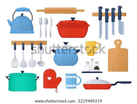 Kitchen utensils and crockery - flat design style objects set. High quality colorful images of teapot, saucepan, frying pan, set of knives, salt and pepper shaker, cup, textile tack, fork, spoon