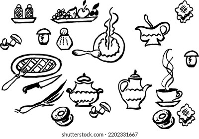 Kitchen utensils and crockery. Hand drawn set of teapot, frying pan, knife, teapot, cutlery, cups, onions, mushrooms, berries. Vector isolated on white background