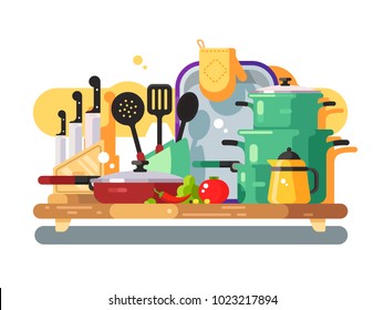 Kitchen utensils design flat. Cooking and cuisine, kitchenware frying pan and saucepan, cutlery. Vector illustration