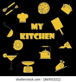 Kitchen utensils design on black background
