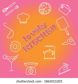 Kitchen utensils design on orange-pink background