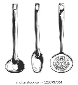 Kitchen utensils. Different spoons and other accessories. Isolated vector illustration on white background.