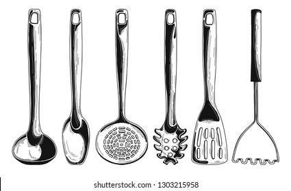 Kitchen utensils. Different spoons and other accessories. Isolated vector illustration on white background.