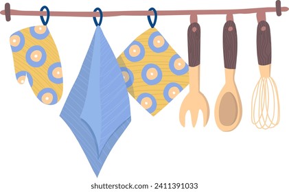 Kitchen utensils and dish towel hanging on a rack. Wooden spoons, whisk, and patterned towel. Home cooking and kitchen organization vector illustration.