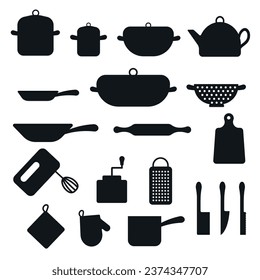 Kitchen utensils, dishes black silhouettes, household appliances. Home cooking utensils and pan, ladle, cup, knives, whisk, cutting board, mixer, oven mitts. Vector illustration, silhouette of kitchen