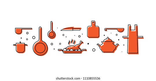 Kitchen utensils, dishes. Saucepan, tureen, apron kitchen, cutting Board, ladle, dish with chicken, knife, frying pan, pan. For cooking courses, schools, recipe books, magazines, menu design