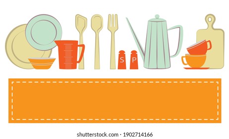 Utensilios de cocina y vajilla, espacio para texto, ilustración vectorial, diseño plano.