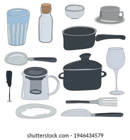 Kitchen utensils, dishes. You can use both icons and web design. Kitchen accessories are represented by a large group of accessories. Among them there is a basic set, which is necessarily used in the 