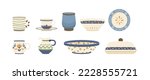 Kitchen utensils and dishware ceramic pottery white floral pattern in retro style. Porcelain or ceramic cup, dish, jug, teapot, coffee pot, jug, butter dish, creamer cartoon vector