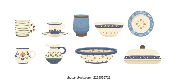 Kitchen utensils and dishware ceramic pottery white floral pattern in retro style. Porcelain or ceramic cup, dish, jug, teapot, coffee pot, jug, butter dish, creamer cartoon vector