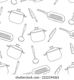 Kitchen utensils doodle illustrations seamless pattern in vector. Seamless pattern design with kitchen utensils. Kitchenware seamless pattern. 