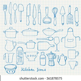 Kitchen utensils doodle vector set