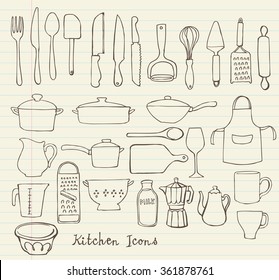 Kitchen utensils doodle vector set