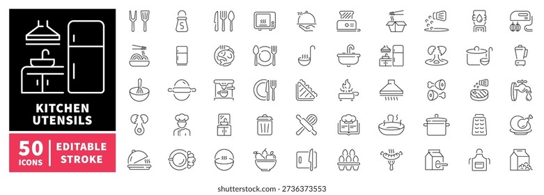 Kitchen utensils editable line icons set. cooking and culinary tools