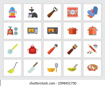 Kitchen utensils and electric appliances concept. Flat icon set. Cooking, housework, kitchenware. Can be used for topics like food preparation, housekeeping, restaurant