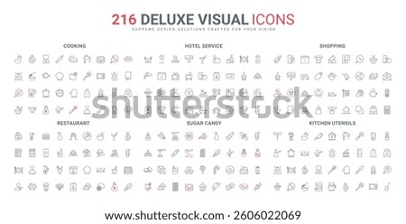 Kitchen utensils, electrical appliances and chefs cooking tools, restaurant food line icon set. Hotel hospitality, candy and sugar of pastry shop thin black and red outline symbols vector illustration