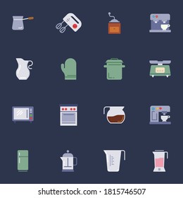 Kitchen utensils elements collection, flat icons set, Colorful symbols pack contains - blender, coffee grinder, microwave, french press, gas stove, scales. Vector illustration. Flat style design