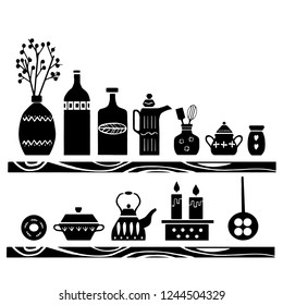 Kitchen utensils, elements, in the Scandinavian style. Black and white vector illustration.