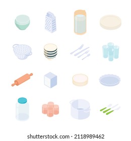 Kitchen utensils, equipment, cooking set. Isometric vector illustration in flat design. 