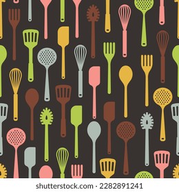 Kitchen utensils everyday objects in simple background dark wallpaper - seamless pattern illustration