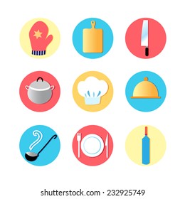 Kitchen utensils and kitchen flat icons, cooking tools, utensils equipment, serve food and cooking items. Modern design style symbol vector illustration collection. set of icons 