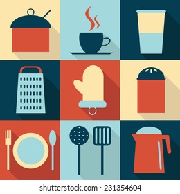Kitchen utensils flat icons set