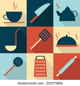 Kitchen utensils flat icons set