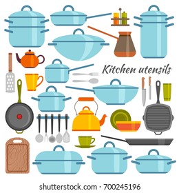 Kitchen utensils flat icons set. Vector illustration.