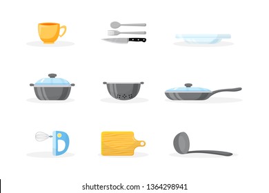 Kitchen utensils flat illustrations set. Cartoon cutlery isolated cliparts pack. Kitchen dishware, supplies and appliances collection. Fry pan, wooden cutting board, pot. Mixer, blender for bakery