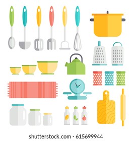 Kitchen utensils in flat style design. Cooking kitchenware icons. Interior and food preparation tools and instruments.