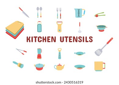 Kitchen Utensils Flat Vector Illustration Icon Sticker Set Design Materials