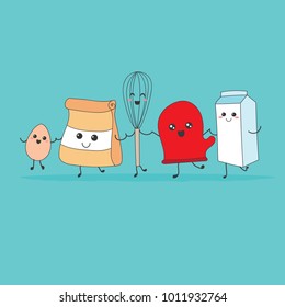 Kitchen utensils: flour, whisk, milk, eggs, tack on a blue background. Cute funny friends. Vector illustration in flat design.