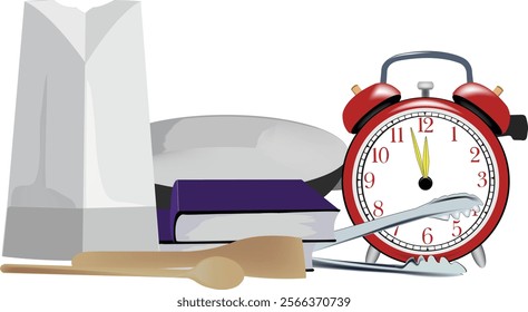 Kitchen utensils, food bag, cookbook and alarm clock showing twelve o'clock, symbolizing approaching lunch time