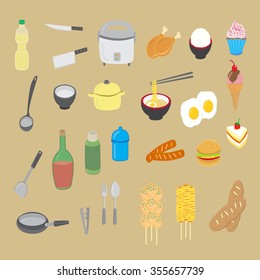 Kitchen utensils and food in color vector flat illustrations.