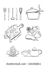 kitchen utensils and food ingredients - vector design set