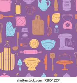 Kitchen utensils, food kitchenware cooking set, domestic tableware vector illustration seamless pattern background