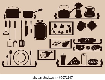 kitchen utensils and food on the shelves