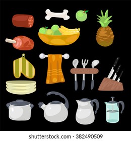 Kitchen utensils and food. Vector.