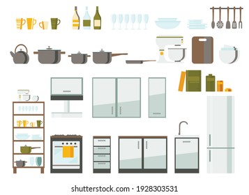 kitchen and utensils furniture set, vector flat illustration 