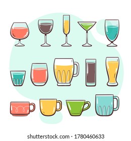 Kitchen utensils. Glasses and cups. Collection of kitchen utensils for drinking. Hand drawn colorful style collection.