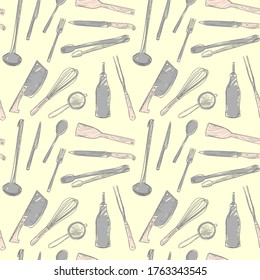 Kitchen utensils graphic seamless pattern, hand drawn doodle style kitchenware background