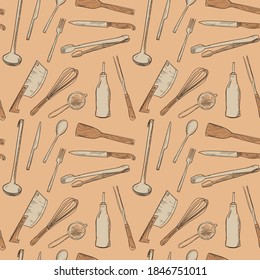 Kitchen utensils graphic seamless pattern, hand drawn doodle style kitchenware background