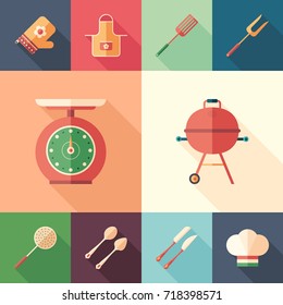 Kitchen utensils and grill set of flat square icons with long shadows.