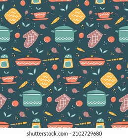 Kitchen Utensils Hand Drawing Seamless Pattern. Utensils For Cooking, Vegetables, Oven Mitts. Vector Stock Illustration. 