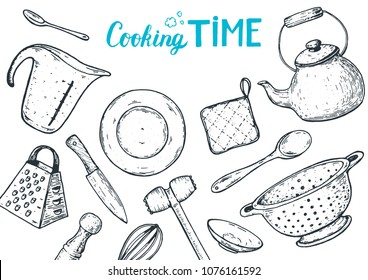 Kitchen utensils hand drawn vector illustration. Cooking time sketch collection.   Different kitchen utensils set.