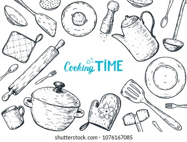 Kitchen utensils hand drawn vector illustration. Cooking time sketch collection.   Different kitchen utensils set.