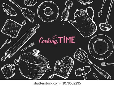 Kitchen utensils hand drawn vector illustration. Cooking time sketch collection. Different kitchen utensils set.