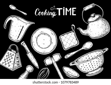 Kitchen utensils hand drawn vector illustration. Cooking time sketch collection. Different kitchen utensils set.