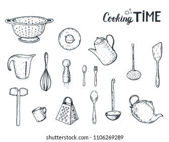 Kitchen utensils hand drawn vector illustration. Different kitchen utensils set. Engraved illustration.