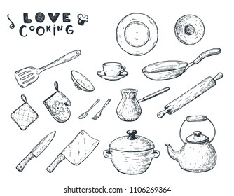 Kitchen utensils hand drawn vector illustration. Different kitchen utensils set. Engraved illustration.